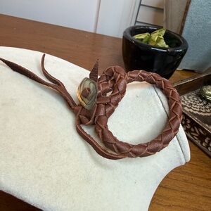 Braided Brown Leather Bracelet Abalone Shell Button Tie Closure Boho Unisex